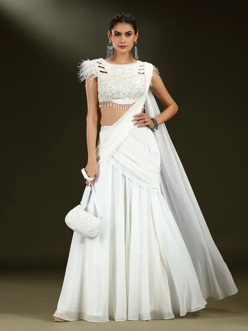 White chiffon designer lehenga choli with attached dupatta