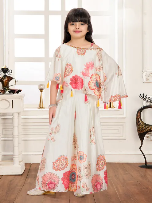 White chiffon silk palazzo suit with floral print