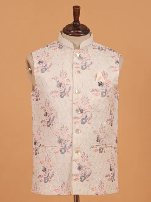 White cotton embroidery waistcoat for men