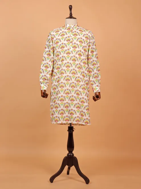 White cotton kurta suit in stylish print for men