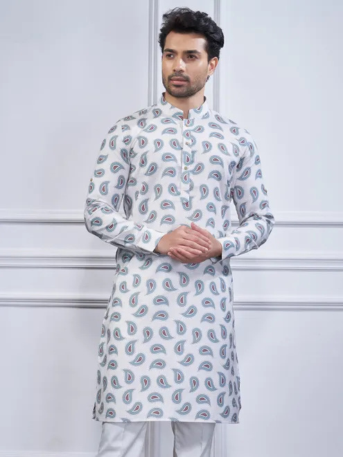 White cotton kurta suit with print for mens