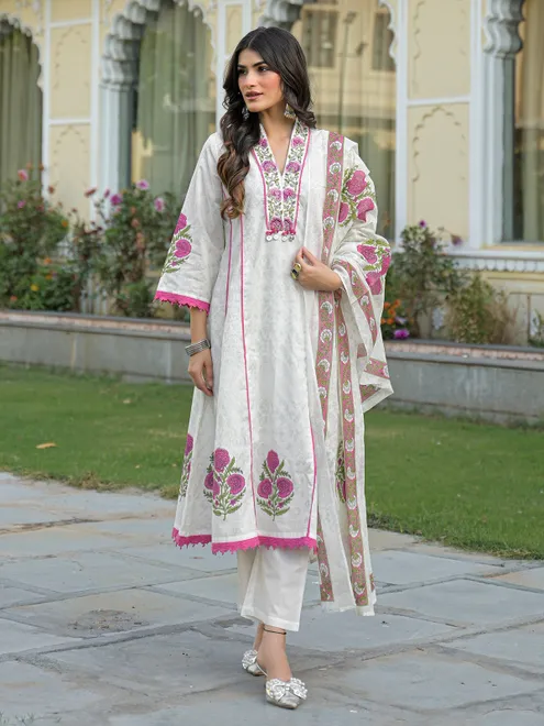 White cotton kurti set with pink prints