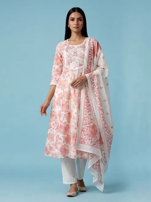 White cotton linen kurti set with red floral yoke