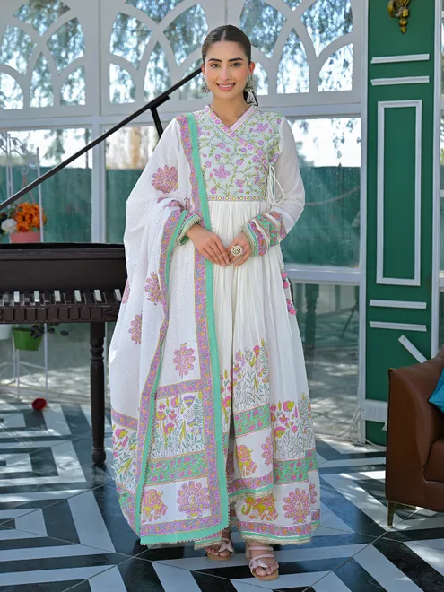 White cotton linen printed anarkali festive set with dupatta