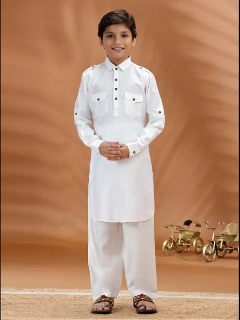 White cotton pathani kurta set for boys