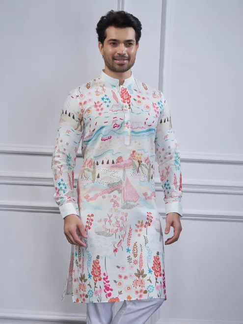 White cotton printed kurta suit for festival