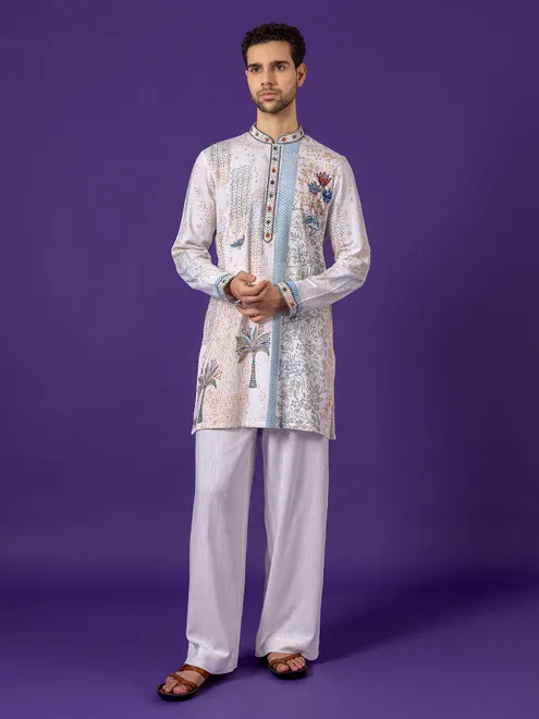 White cotton printed kurta suit for men eid wear