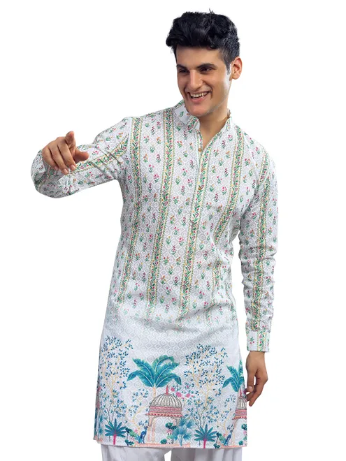 White cotton printed kurta with thread and sequins detailing