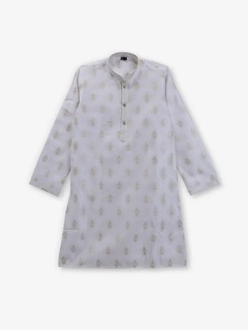 White cotton silk boys kurta set with zar work