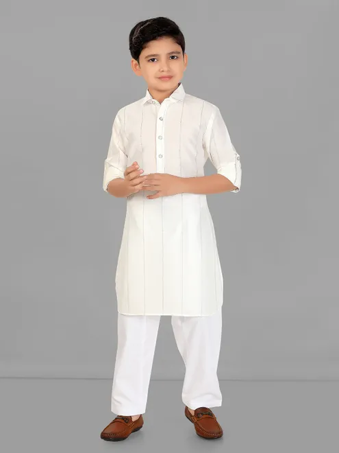 White cotton silk boys pathani suit festive