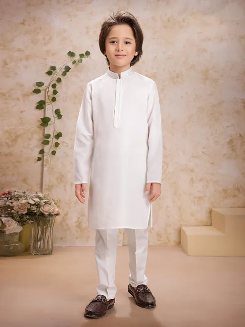 White cotton silk classic kurta suit