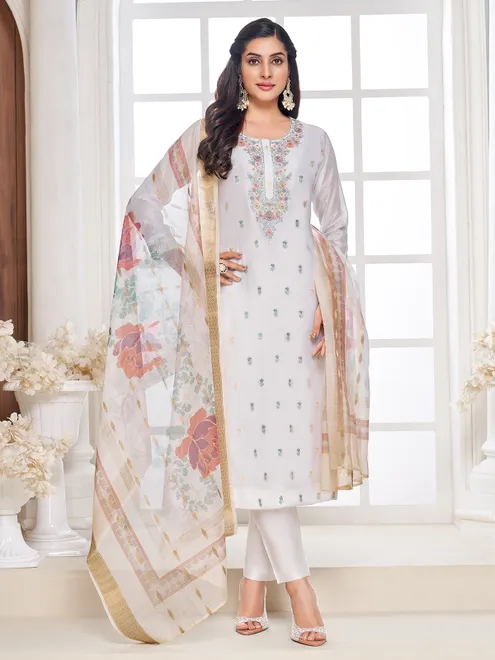 White cotton silk embroidered straight cut salwar suit