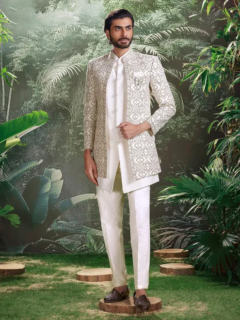 White cotton silk indo western for grand occasions