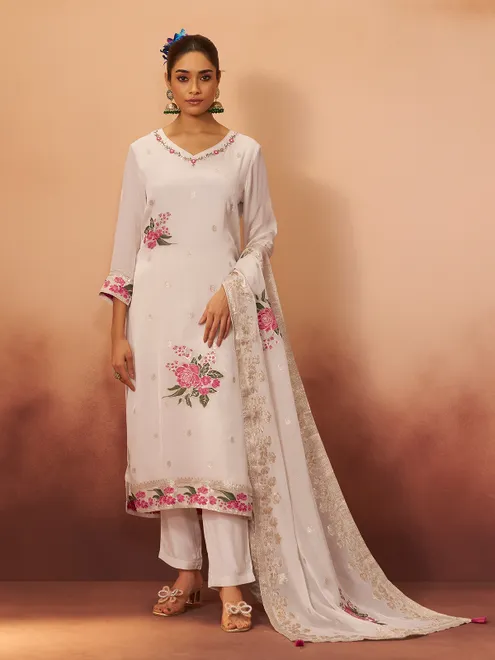 White cotton silk kurti set with print for women