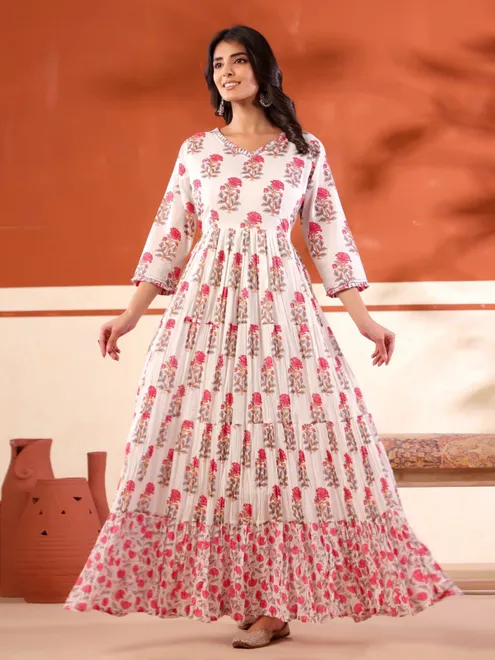 White cotton silk long kurti with pink floral prints