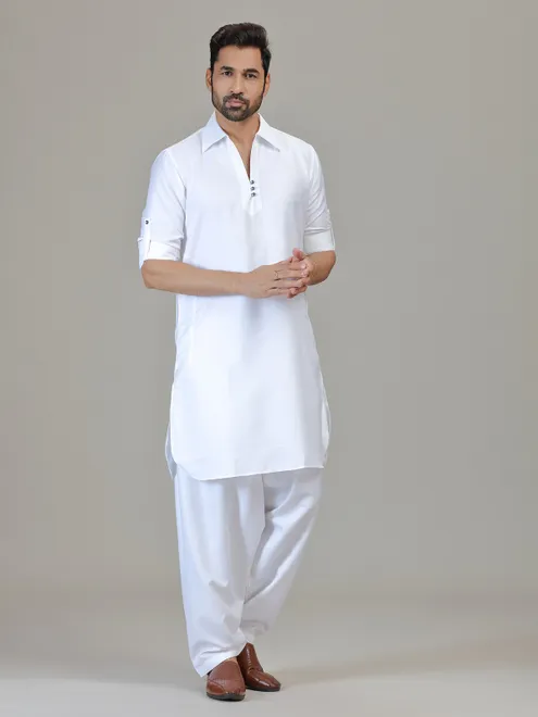 White cotton silk pathani kurta suit for festive celebration