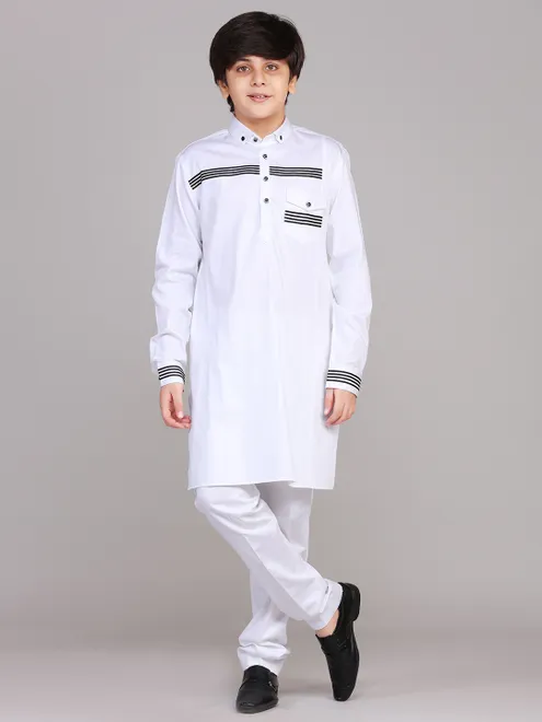 White cotton solid boys pathani suit