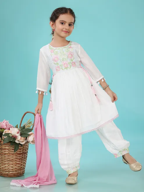White crepe silk dhoti salwar suit for girls