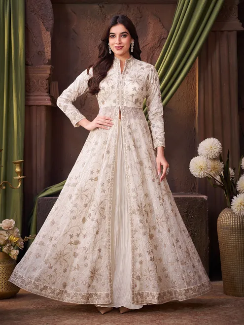 White designer lehenga suit in chiffon tissue silk
