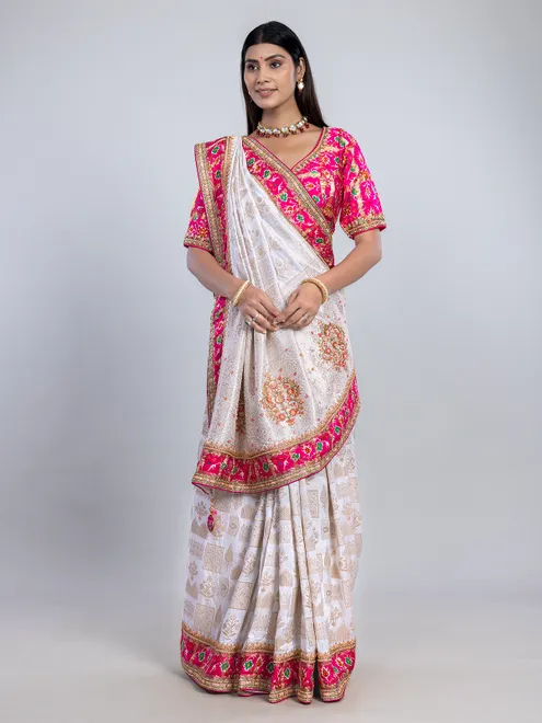 White dola silk saree readymade pink blouse