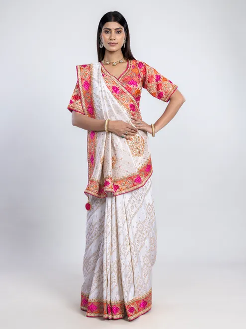 White dola silk saree with readymade  blouse