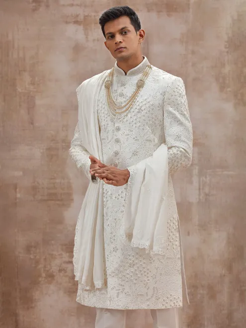 White dola silk sherwani with dupatta for wedding