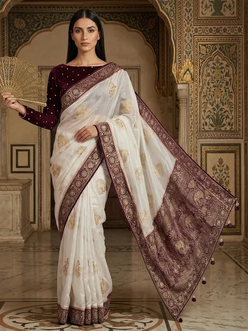 White dola silk wine border embellished saree