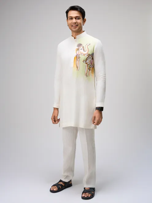 White elephant art linen kurta ensemble