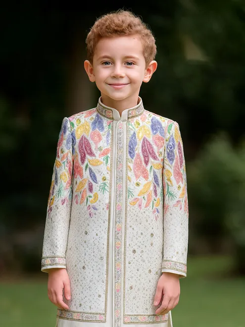 White embroidered cotton silk indowestern suit for boys