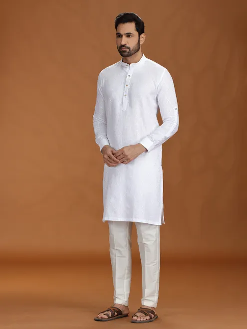 White embroidered linen kurta set for mens