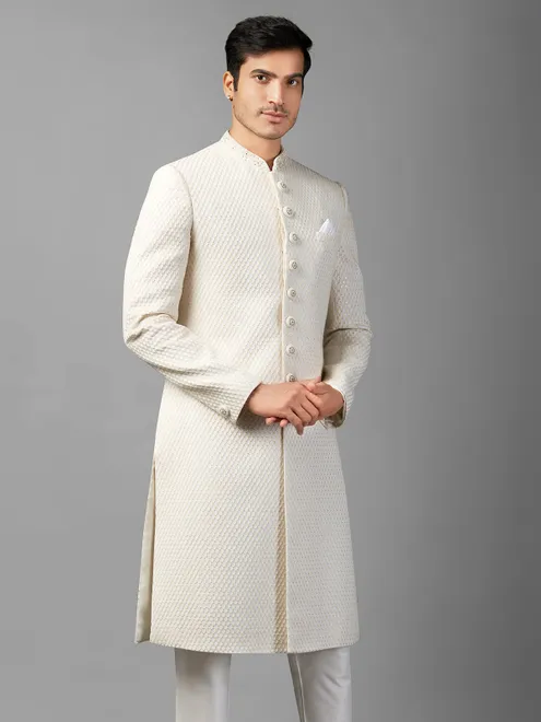 White embroidery sherwani in silk