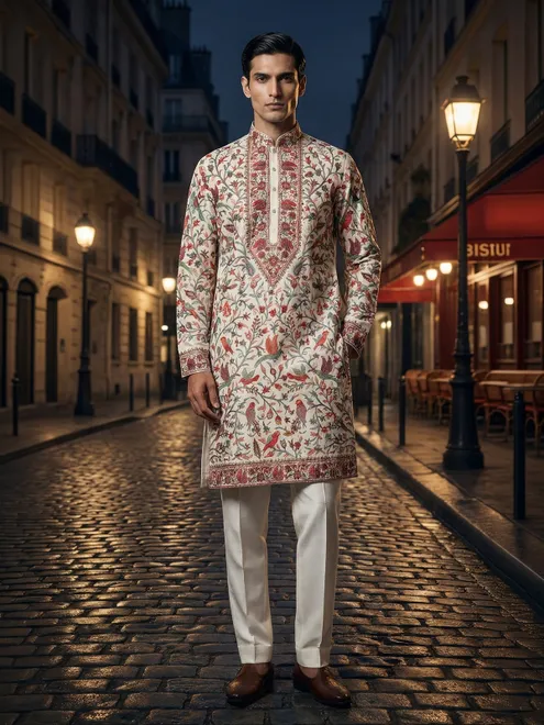 White embroidery silk kurta suit