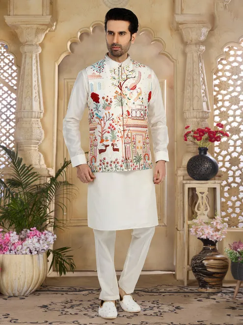 Cream embroidery waistcoat set in silk