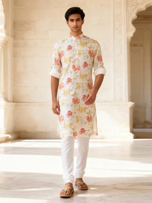 White floral painted kurta pyjama set