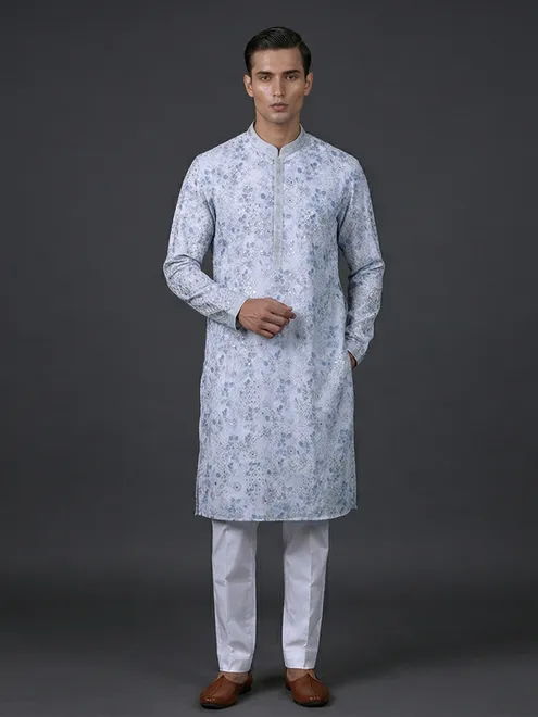 White floral printed cotton silk resham work kurta suit