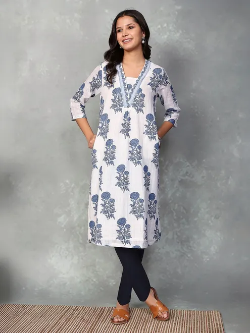 White floral printed linen cotton casual kurti