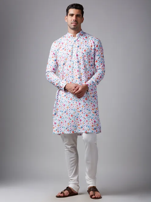 White floral printed linen men kurta pajama
