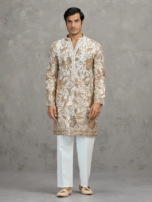 White georgette embroidered traditional festive kurta suit
