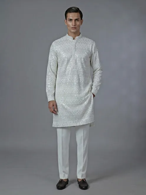 White georgette kurta suit with thread and sequins work