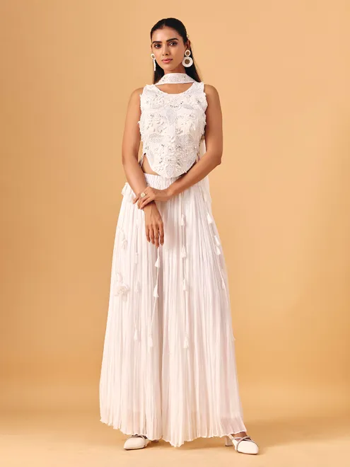White georgette palazzo suit with zardosi work elegance
