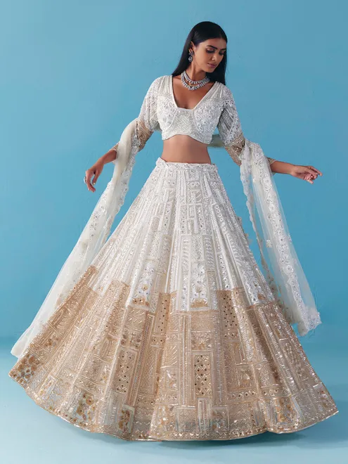 White gold net lehenga choli with bridal diamond glow