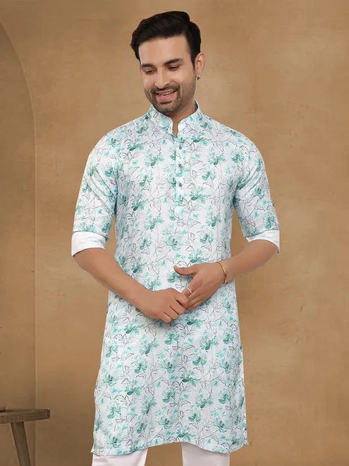 White green floral cotton kurta for festive grace