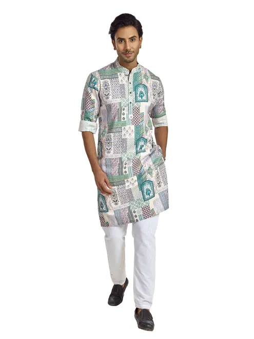 White green silk printed kurta for festival
