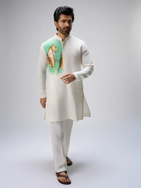 White horse motif linen kurta ensemble