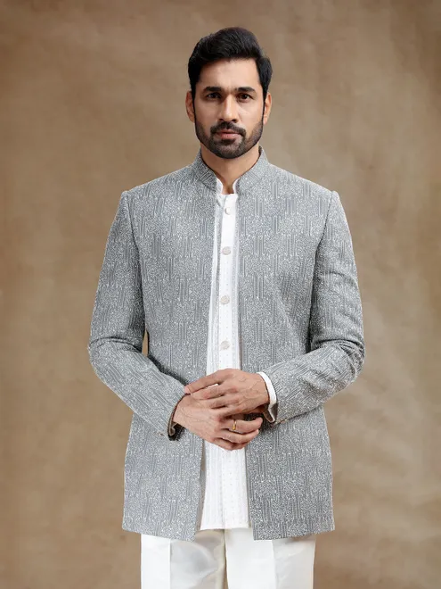 White indowestern set with grey coat