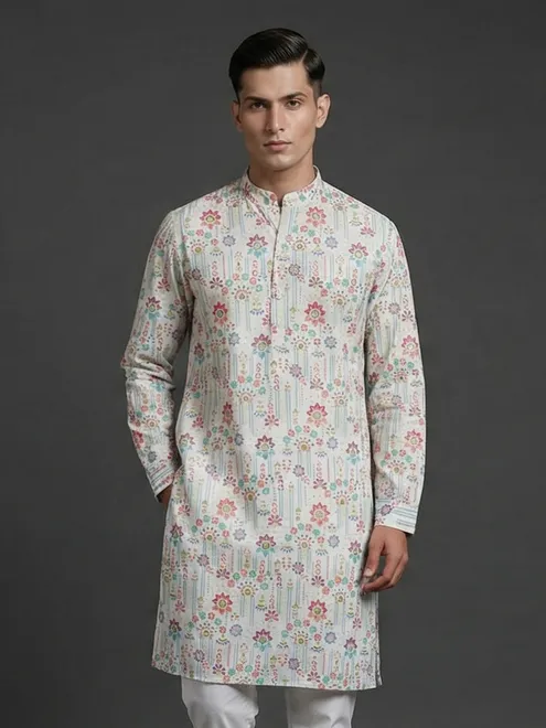 White linen printed thread sequins festive wear kurta