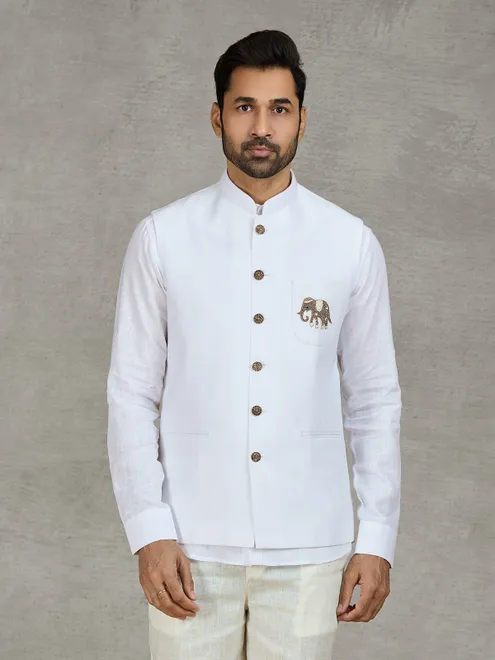 White linen waistcoat with shirt and intricate zardosi work