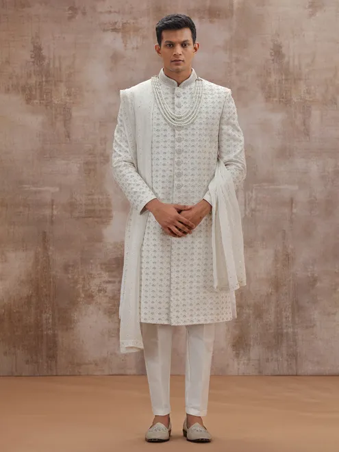 White lucknowi georgette wedding sherwani with dupatta