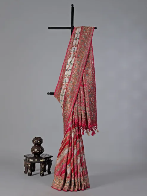 White modal silk saree with colorful motif embroidery