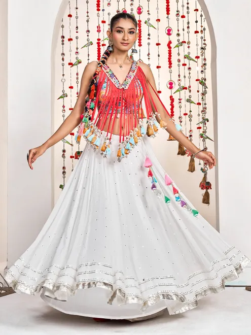 White navratri wear silk lehenga choli with designer choli
